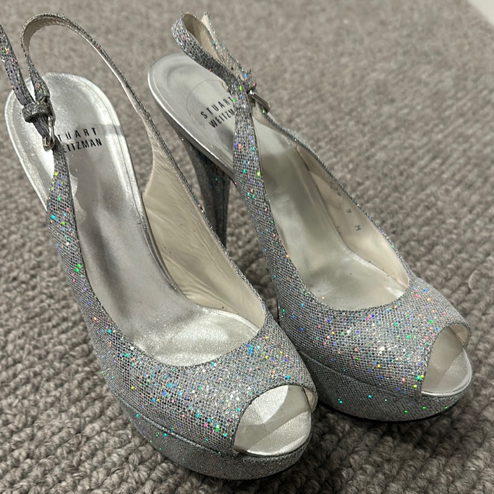 Stuart Weitzman Silver Glitter Peep Toe Heels. Worn once indoors.